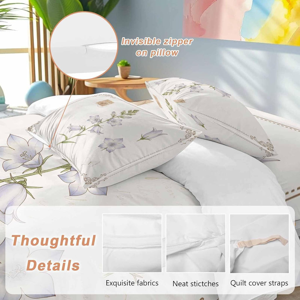 Purple Bellflowers Duvet Cover Set Queen Size 4 Pieces Country Pastoral Watercolor Flowers Green Leaf Bedding Set with Zipper Closure, 1 Comforter Cover 86x86 Inches 1 Flat Sheet & 2 Pillow Cases