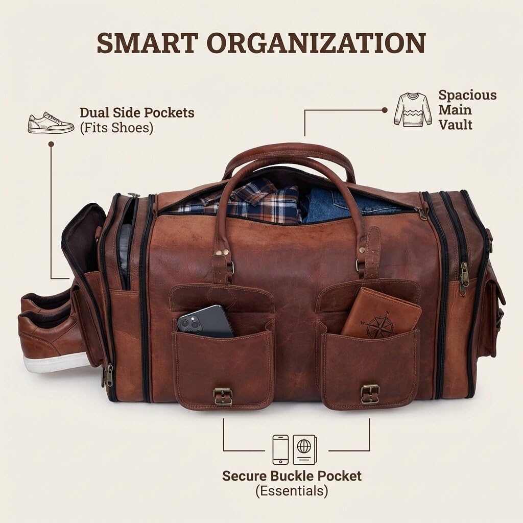 Handmade Vintage Travel Luggage 30 Inch Duffel Gym Sports Bag Weekender Travel Overnight Carry One Duffel Bag For Men (32 inch large)