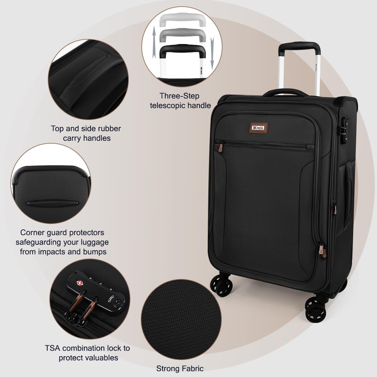 Luggage Sets 3 Piece,Suitcases with Wheels Hardshell,Softside Luggage Set,Foldie Travel Bag Expandable,Charcoal Material w/Tsa LOCK & Double Spinner Wheels(20in/26in/28in)Black,XJ-1907