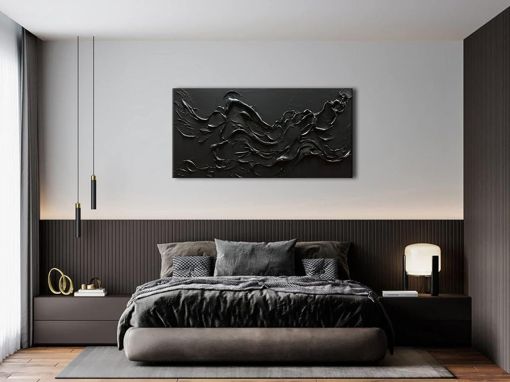 zoinart 100% Hand Painted Thick Texture Black Wall Art Minimalist Oil Painting Contemporary Art 24x48 Inches Oil on Canvas Black Texturd Wall Art Home Decoration