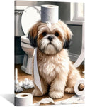 Funny Shih Tzu Toilet Paper Whimsy Cute Animal Bathroom Canvas Wall Art Humor Dog Print Painting for Modern Home Decor Kid Bathrooms Toilet Decoration 20x30in Framed