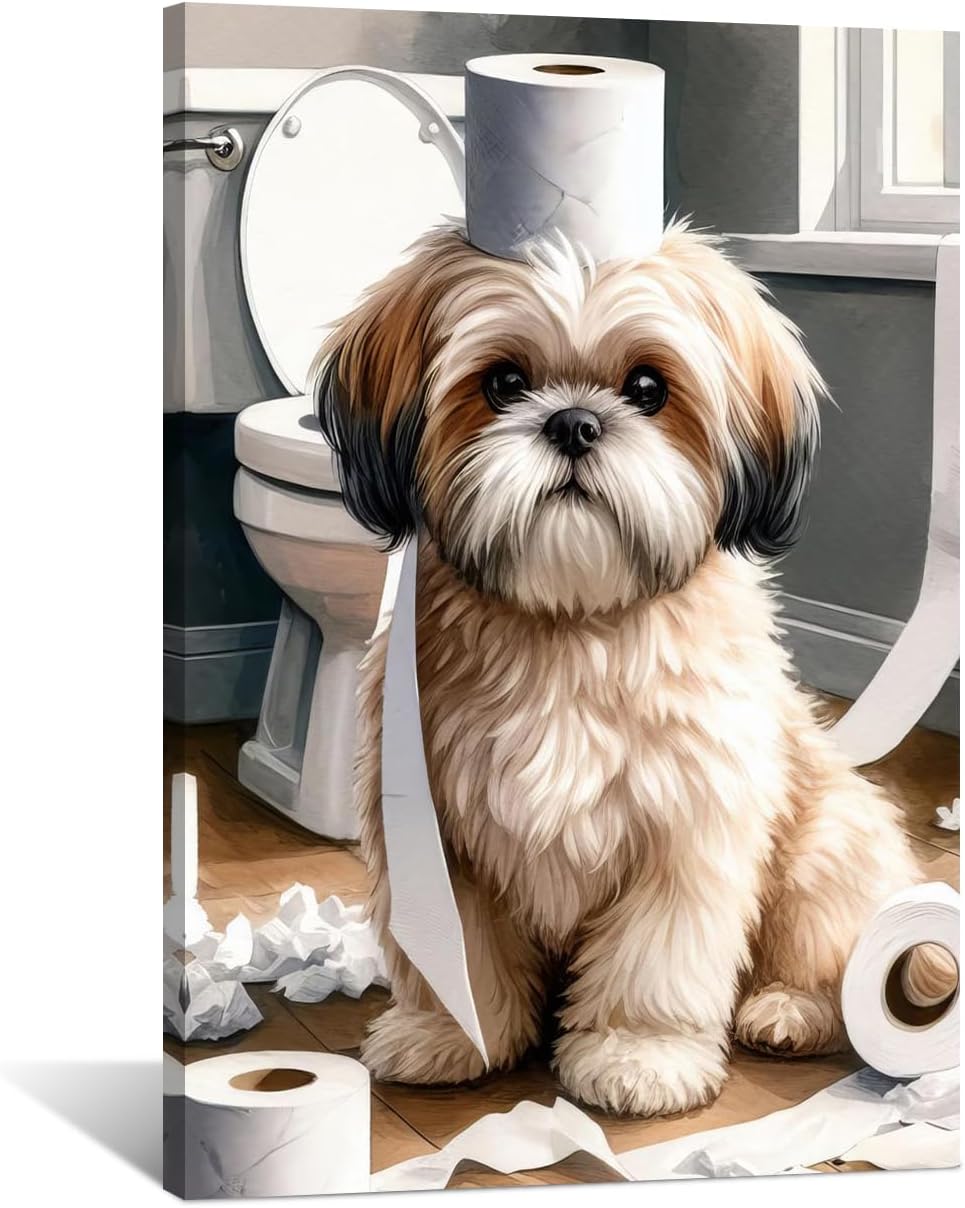 Funny Shih Tzu Toilet Paper Whimsy Cute Animal Bathroom Canvas Wall Art Humor Dog Print Painting for Modern Home Decor Kid Bathrooms Toilet Decoration 20x30in Framed