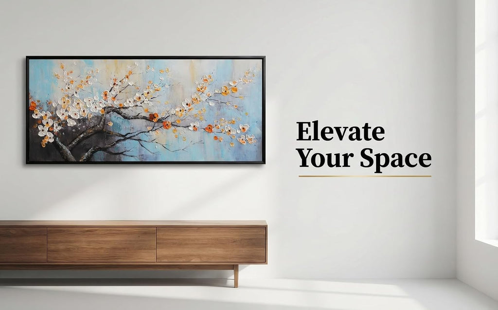 Hand-Painted Plum Blossom Wall Art for Living Room, Large 3D Texture Floral Canvas Oil Painting for Bedroom, Modern Black Framed Artwork for Above Sofa Office Kitchen Ready to Hang 24x56 Inches