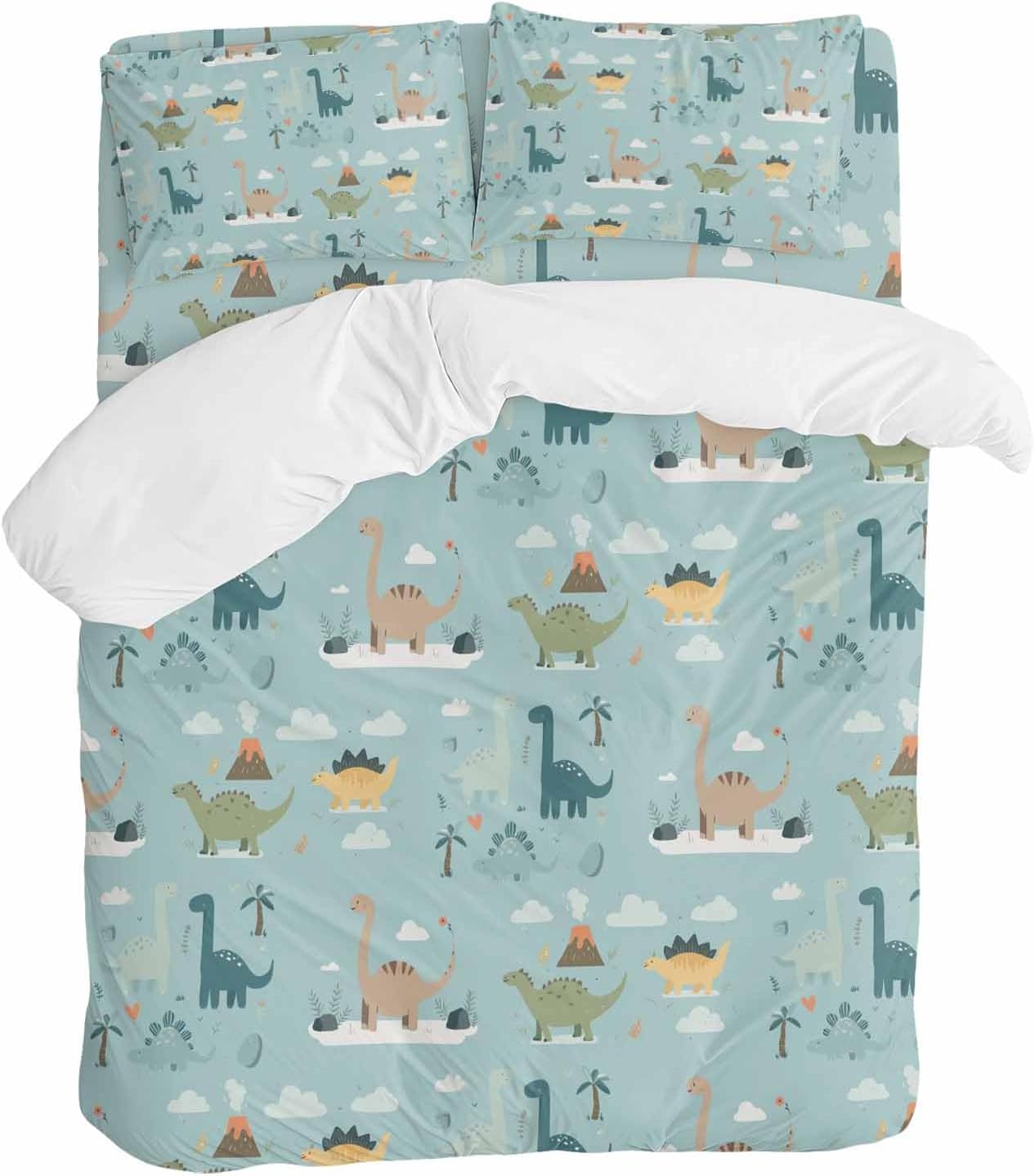 Green Cute Dinosaurs Duvet Cover Set Queen Size 4 Pieces Lovely Colorful Cartoon Animals Tree Cloud Bedding Set with Zipper Closure, 1 Comforter Cover 90x92 Inches 1 Flat Sheet & 2 Pillow Cases