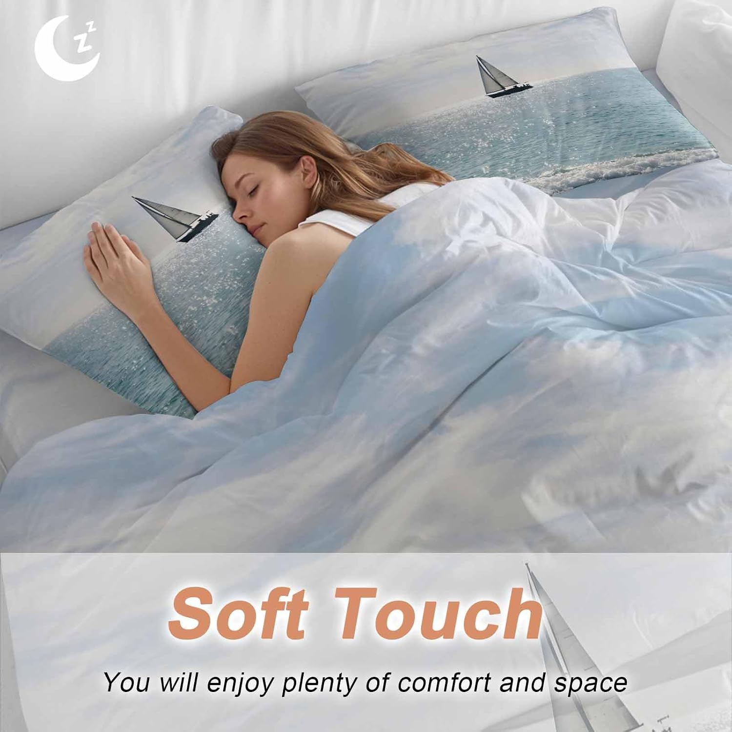 Nature Seascape Duvet Cover Set Queen Size 4 Pieces Sailboats Blue Waves Cloud Sky Ocean Surface Bedding Set with Zipper Closure, 1 Comforter Cover 90x92 Inches 1 Flat Sheet & 2 Pillow Cases