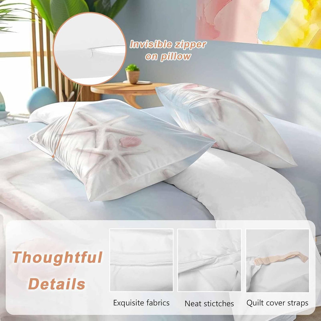 Prime Leader Starfish Shell Duvet Cover Set Queen Size 4 Pieces Summer Ocean Beach Coastal Bedding Set with Zipper Closure, 1 Comforter Cover 90x92 Inches 1 Flat Sheet & 2 Pillow Cases