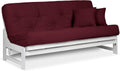 Nirvana Futons Arden White Futon Set Full or Queen Size - Armless Wood Futon Frame with Mattress Included (Twill Burgundy), Space Saving Modern Sofa Bed Sleeper