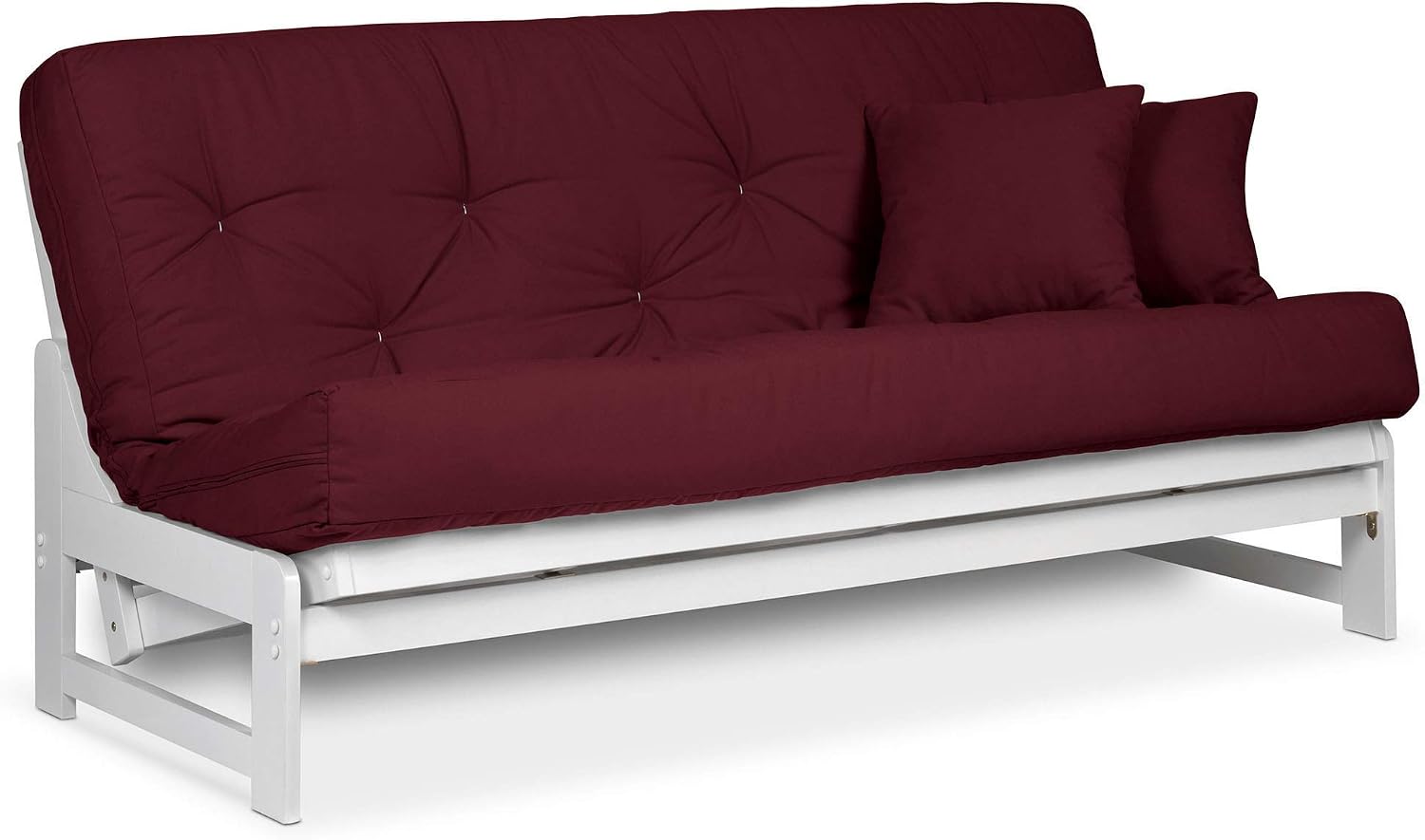 Nirvana Futons Arden White Futon Set Full or Queen Size - Armless Wood Futon Frame with Mattress Included (Twill Burgundy), Space Saving Modern Sofa Bed Sleeper