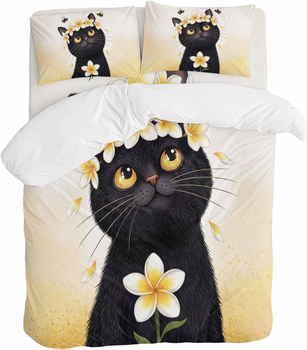Prime Leader Cute Black Cat Duvet Cover Set Queen Size 4 Pieces Yellow Flower Bee Country Style Fields Bedding Set with Zipper Closure, 1 Comforter Cover 90x92 Inches 1 Flat Sheet & 2 Pillow Cases