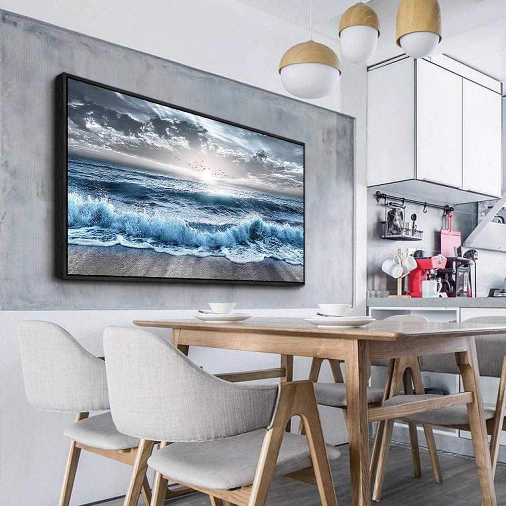 ERQINHUA Large Wall Decor For Bedroom Wall Art For Living Room Office Decor Blue Beach Sea Wave Paintings Sunrise Ocean Seascape Wall Pictures Canvas Artwork Modern Home Decor Black Frame 30x60 In