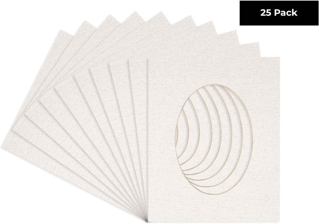 White Linen Canvas Acid Free 11x14 Oval Picture Frame Mat with White Core Bevel Cut for 8x10 Pictures - Fits 11x14 Frame - Pack of 25 Matboards
