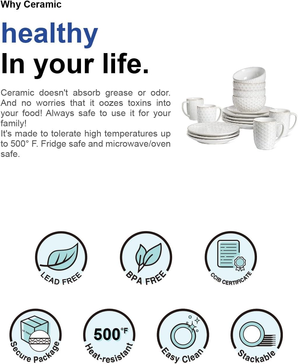 LE TAUCI 16 Piece Dinnerware Set, Arctic White, Stoneware Plates and Bowls With Mugs, Ideal for 4, Serve for 4, Stackable, Lead and Cadmium Free