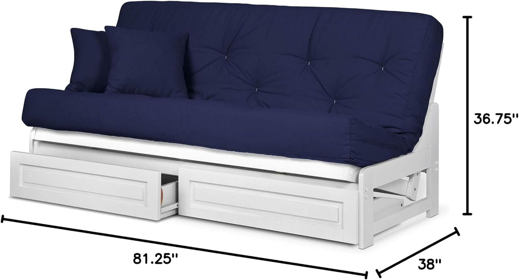 Nirvana Futons Arden White Futon with Storage Drawers Queen Size - Minimalist Armless Design with 8 Inch Comfortable Mattress (Twill Navy Blue), Sofa Bed Available in