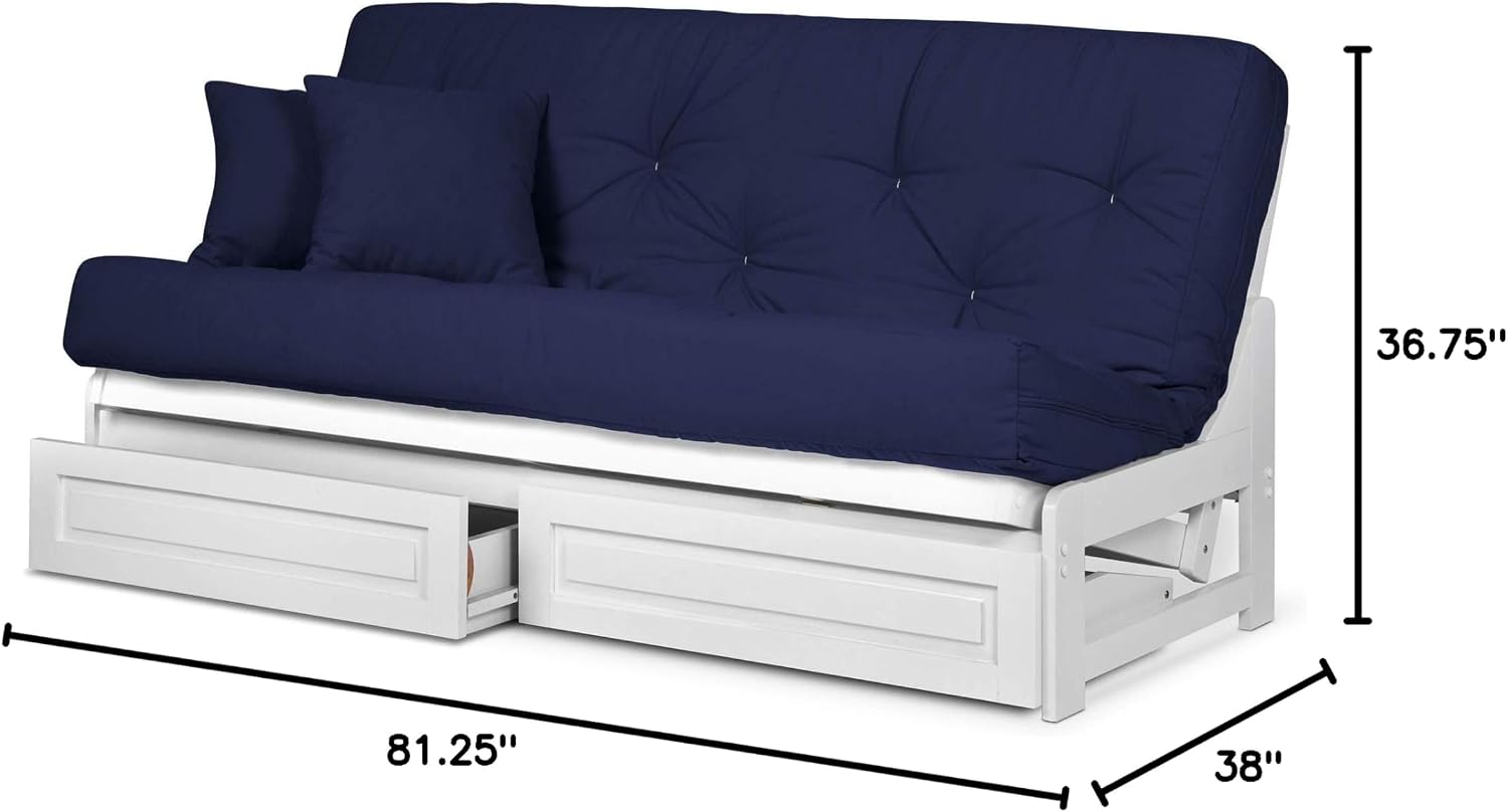 Nirvana Futons Arden White Futon with Storage Drawers Queen Size - Minimalist Armless Design with 8 Inch Comfortable Mattress (Twill Navy Blue), Sofa Bed Available in