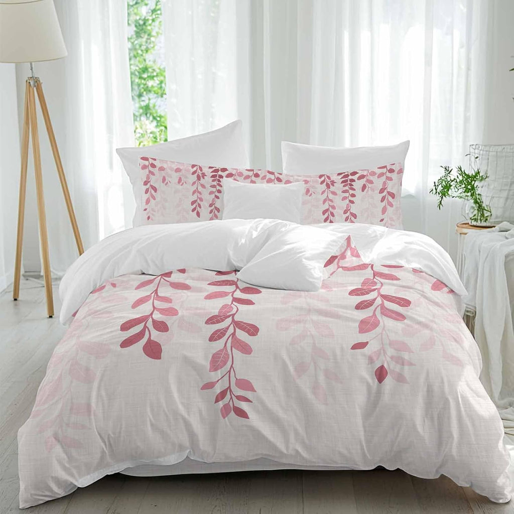 Prime Leader Plants Gradient Duvet Cover Set Queen Size 4 Pieces Pink Leaves Farmhouse Style Bedding Set with Zipper Closure, 1 Comforter Cover 92x106 Inches 1 Flat Sheet & 2 Pillow Cases