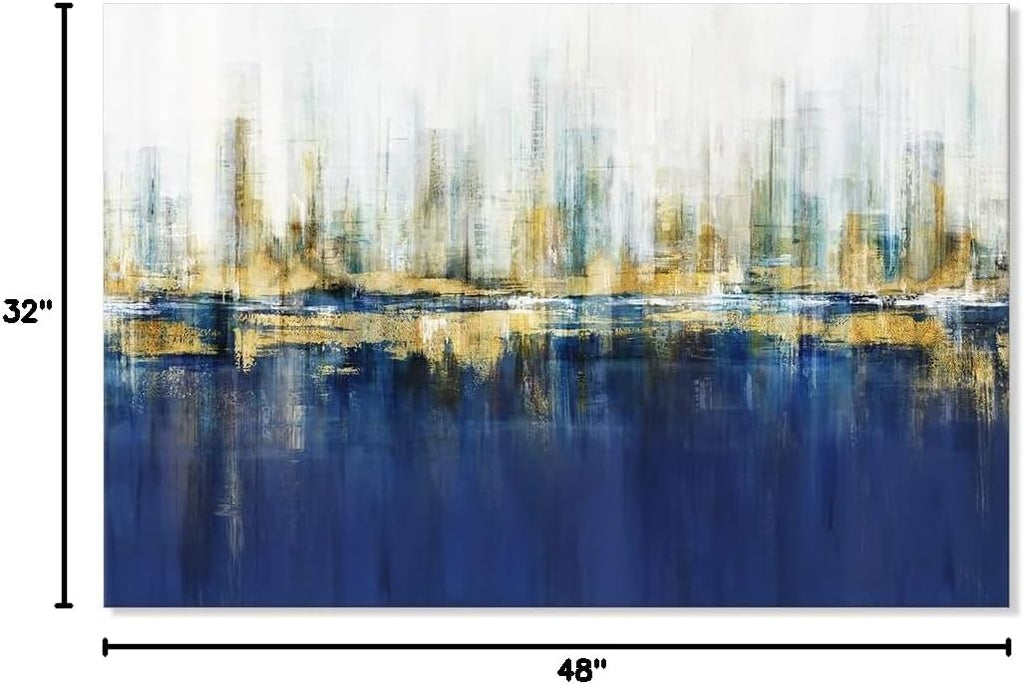 7Fisionart Indigo Blue and Gold Wall Art for Living Room Abstract Decor Canvas Paintings Cityscape Modern Skyline Large Size Pictures Framed Artwork Bedroom Office 48'x32'
