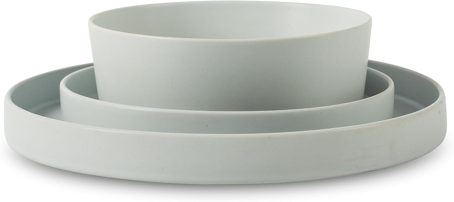 Stone by Mercer Project MODAN 24-Piece Stoneware Dinnerware Set, Plates and Bowls Sets, Dish Set for 8, Blue-Grey