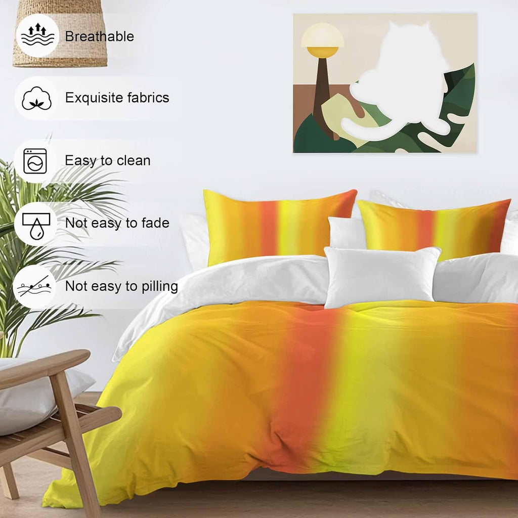 Yellow Orange Red Ombre Duvet Cover Set Queen Size 4 Pieces Minimalist Abstract Stripes Texture Bedding Set with Zipper Closure, 1 Comforter Cover 92x106 Inches 1 Flat Sheet & 2 Pillow Cases