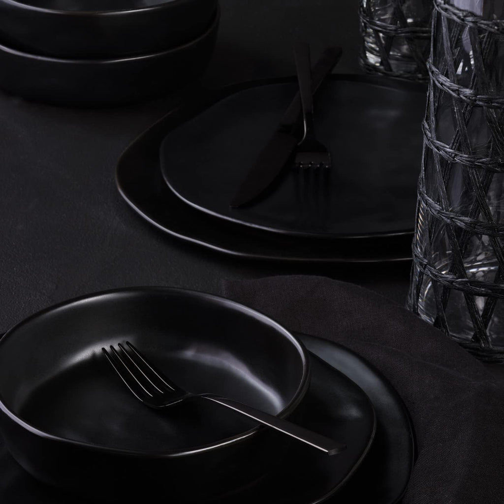 Stone by Mercer Project HEKONDA Modern Stoneware 32-Piece Dinnerware Set, Plate and Bowl Set, Dish Set for 8, Black
