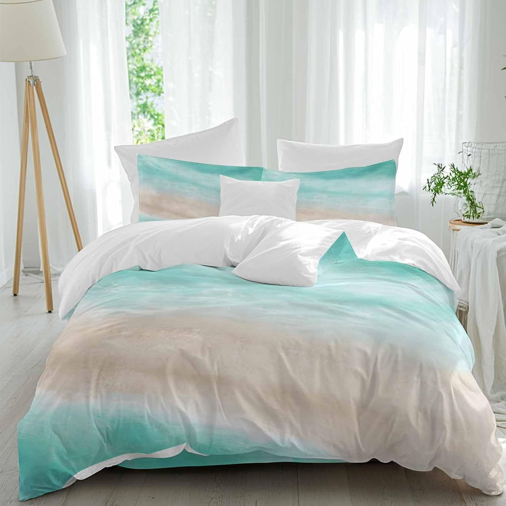 Summer Beach Duvet Cover Set Queen Size 4 Pieces Teal Green Gradient Ocean Wave Beige Sand Abstract Bedding Set with Zipper Closure, 1 Comforter Cover 86x86 Inches 1 Flat Sheet & 2 Pillow Cases