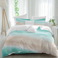 Summer Beach Duvet Cover Set Queen Size 4 Pieces Teal Green Gradient Ocean Wave Beige Sand Abstract Bedding Set with Zipper Closure, 1 Comforter Cover 86x86 Inches 1 Flat Sheet & 2 Pillow Cases