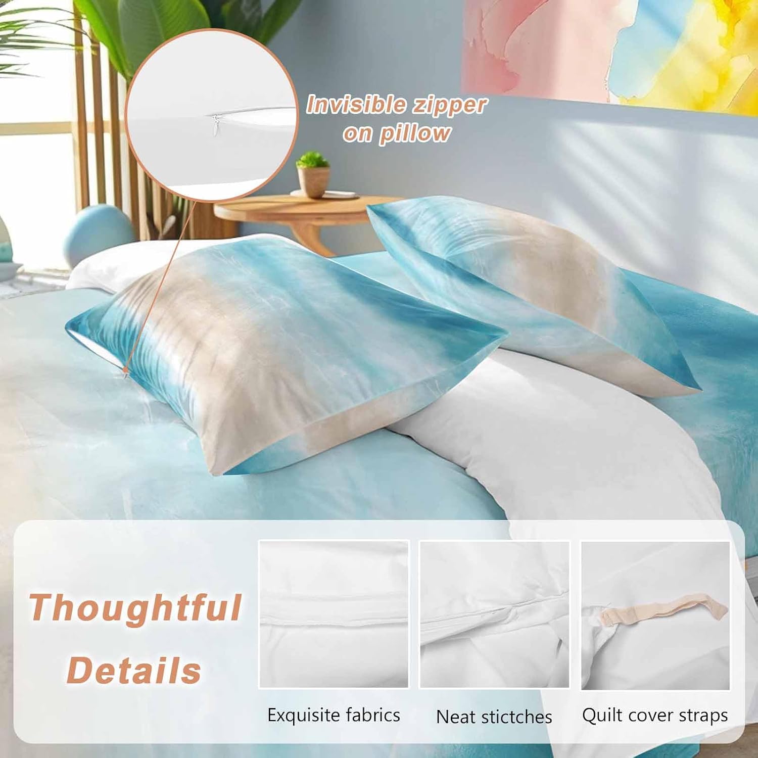 Summer Beach Duvet Cover Set Queen Size 4 Pieces Blue Gradient Ocean Wave Beige Sand Abstract Bedding Set with Zipper Closure, 1 Comforter Cover 90x92 Inches 1 Flat Sheet & 2 Pillow Cases