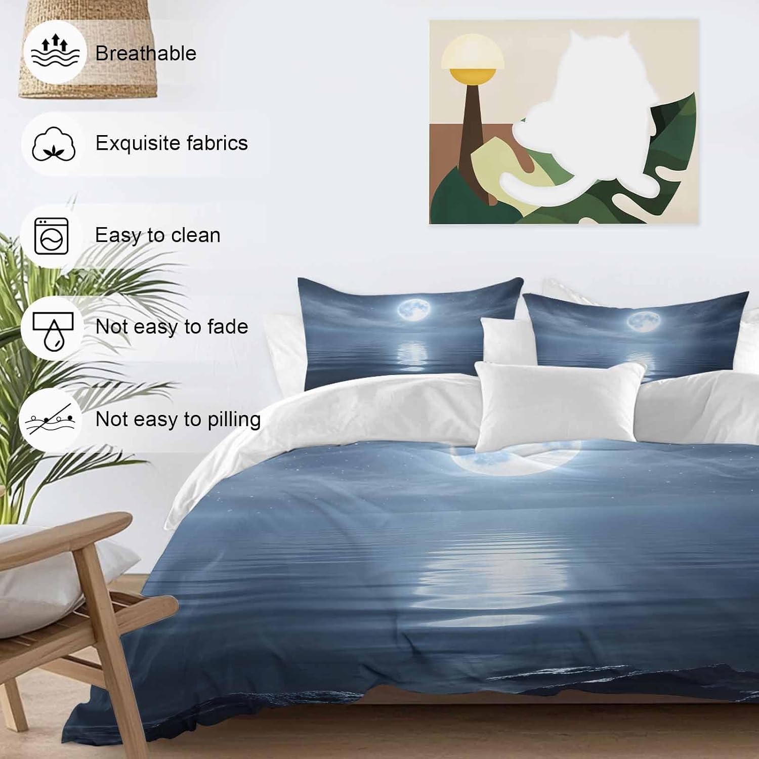 Prime Leader Night Ocean Duvet Cover Set Queen Size 4 Pieces Natural Scenery Moonlight Sparkling Water Bedding Set with Zipper Closure, 1 Comforter Cover 86x86 Inches 1 Flat Sheet & 2 Pillow Cases