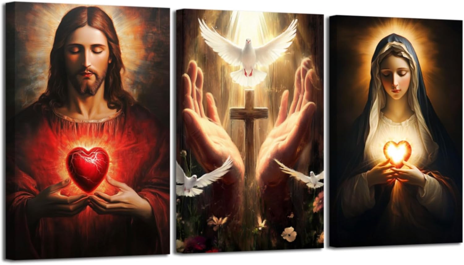 YMXDYMJSW Sacred Heart Wall Art 3 Pieces Jesus Mary Portrait Pictures Christian Catholic Canvas Prints Cross Dove of Peace Paintings for Church Decor Frame (Red,24.00' x 36.00' x 3PCS)