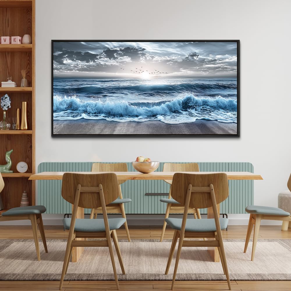 ERQINHUA Large Wall Decor For Bedroom Wall Art For Living Room Office Decor Blue Beach Sea Wave Paintings Sunrise Ocean Seascape Wall Pictures Canvas Artwork Modern Home Decor Black Frame 30x60 In
