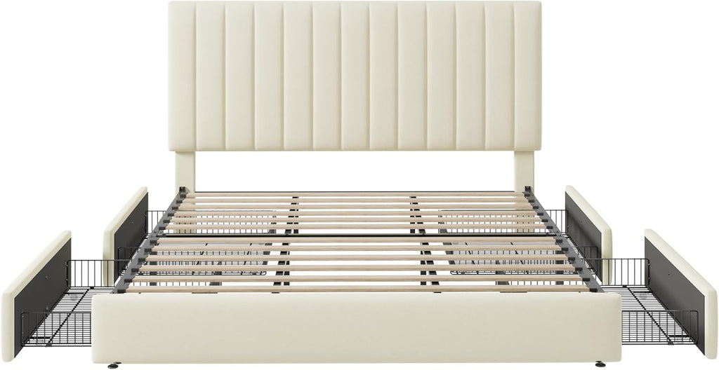 Allewie King Size Storage Bed Frame, Vertical Channel Tufted Adjustable Headboard, Velvet Upholstered Platform Bed with 4 Oversized Underbed Drawers, Wooden Slats Support, No Box Spring Needed, Cream