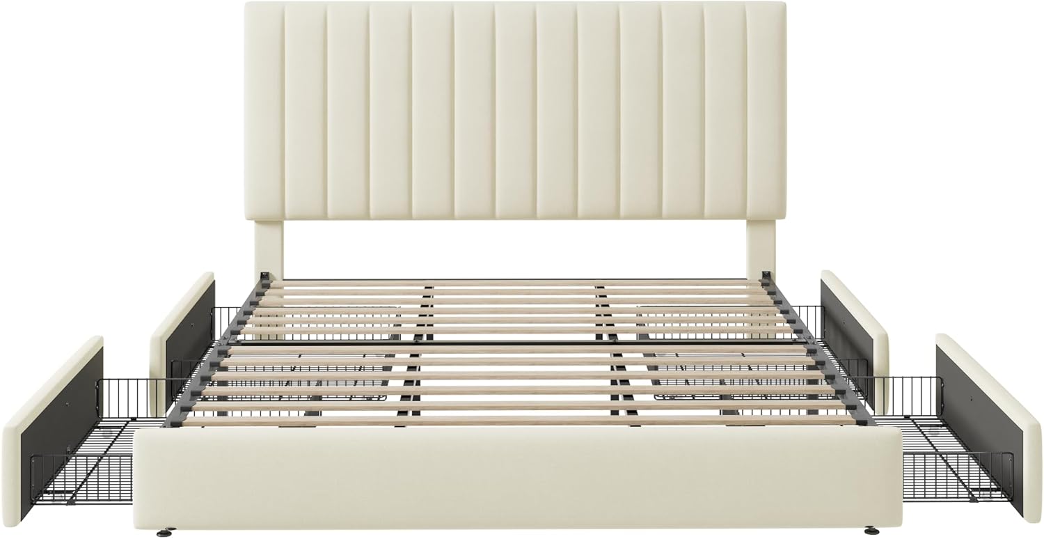 Allewie King Size Storage Bed Frame, Vertical Channel Tufted Adjustable Headboard, Velvet Upholstered Platform Bed with 4 Oversized Underbed Drawers, Wooden Slats Support, No Box Spring Needed, Cream