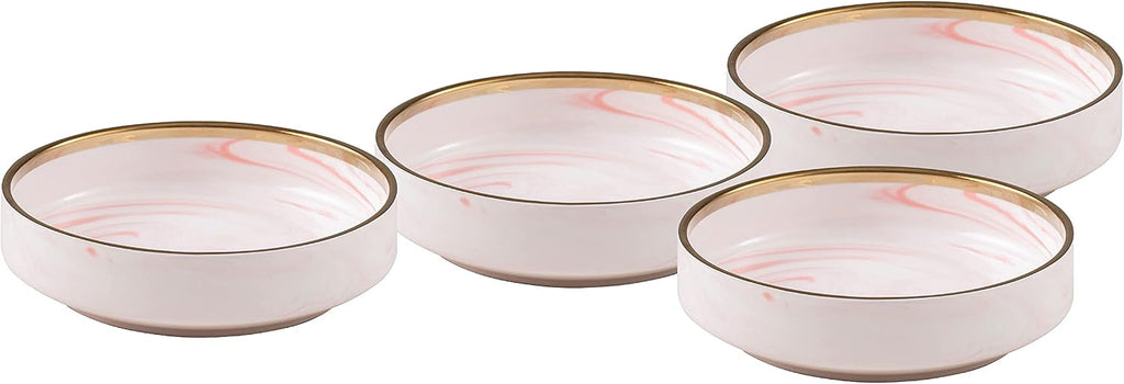 16 Piece Plates and Bowls Sets, Fine China Artisan Marbled Dinner Set for 4, Dishwasher Safe, Scratch Resistant, Pink with Gold Line
