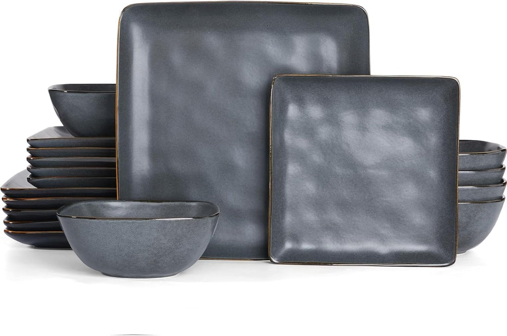 Famiware Stoneware Dinnerware Sets for 6, Ocean Square 18-Piece Kitchen Plates and Bowls Sets, Microwave and Dishwasher Safe, Scratch Resistant, Matte Dark Charcoal