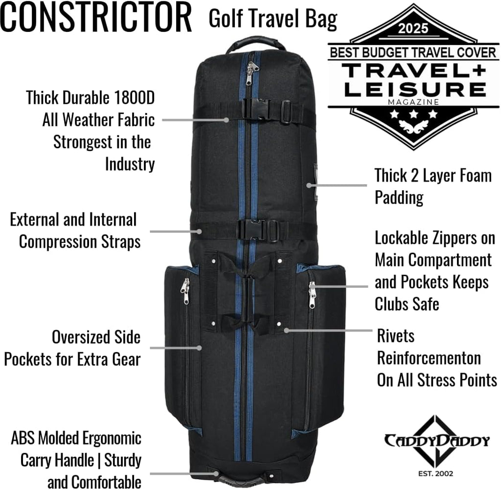 CaddyDaddy Constrictor Soft-Sided Golf Travel Bag Cover with Thick Dense Foam Padded Top 1 Year Full Travel Bag Replacement Coverage | Wheels & Lockable Zippers Case for Transporting Clubs on Airlines
