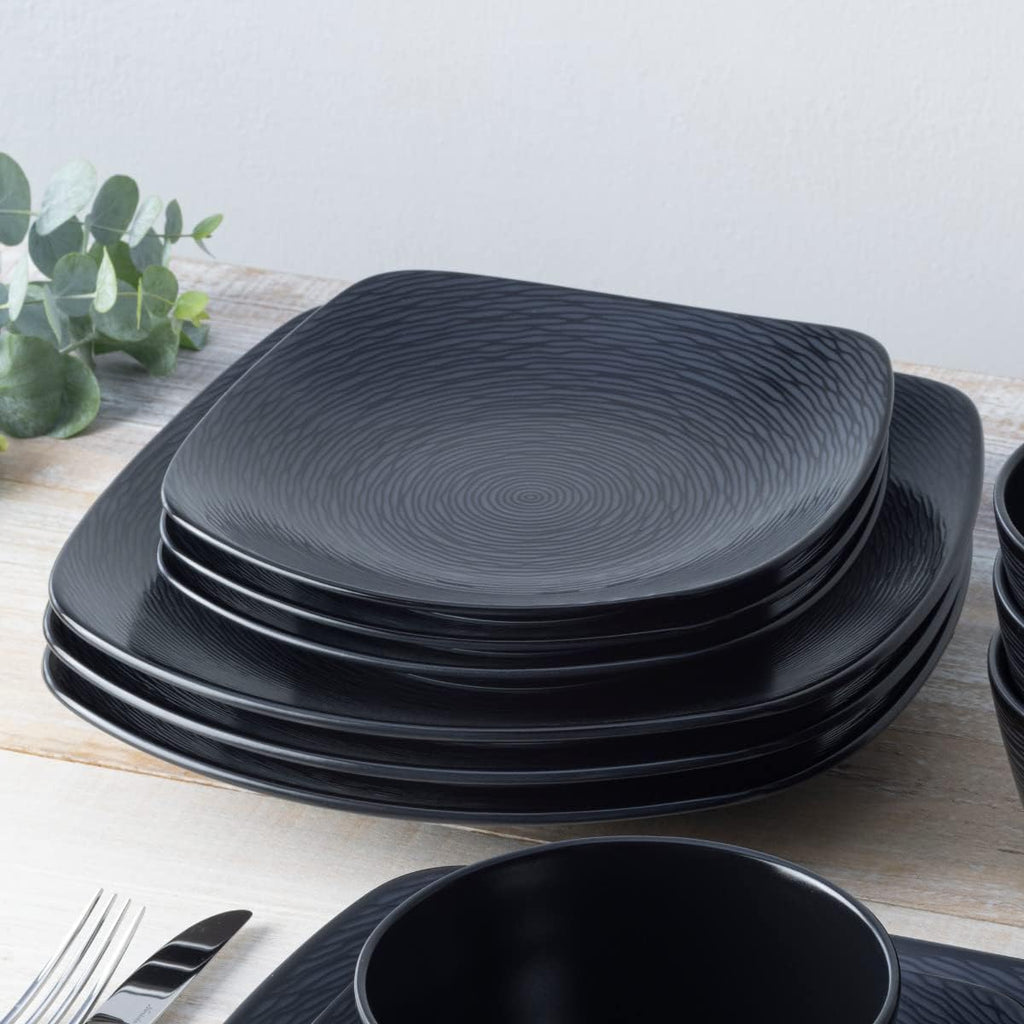 Noritake Colorscapes Black-on-Black Swirl 12-Piece Square Dinnerware Set, Service for 4