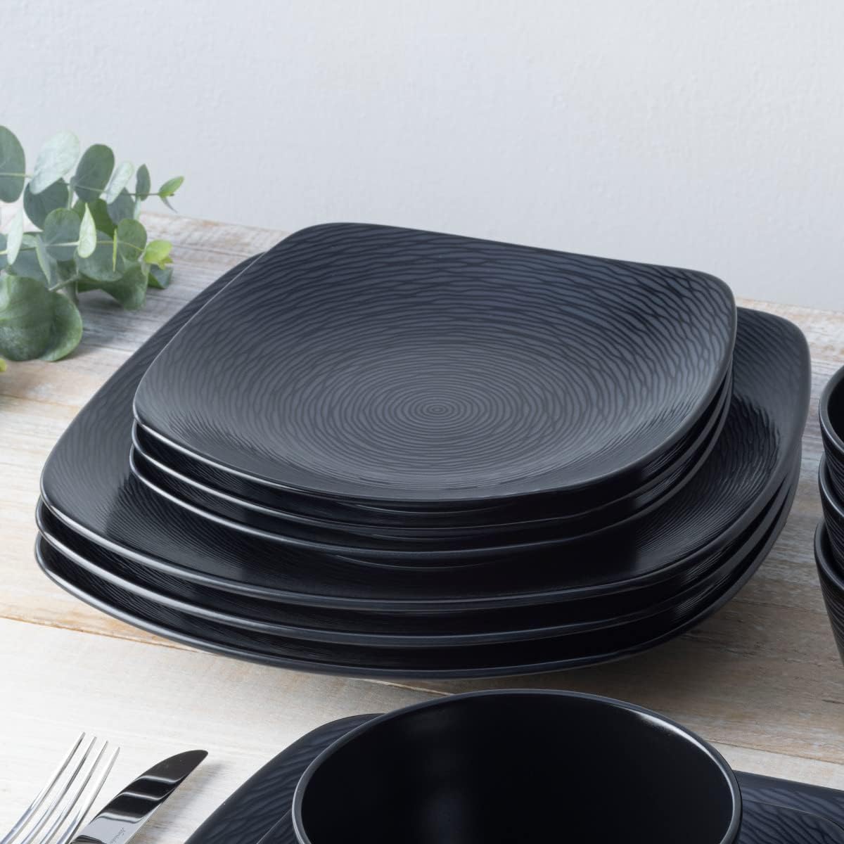 Noritake Colorscapes Black-on-Black Swirl 12-Piece Square Dinnerware Set, Service for 4