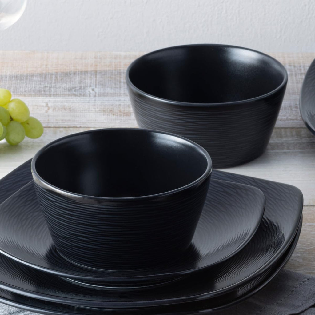 Noritake Colorscapes Black-on-Black Swirl 12-Piece Square Dinnerware Set, Service for 4