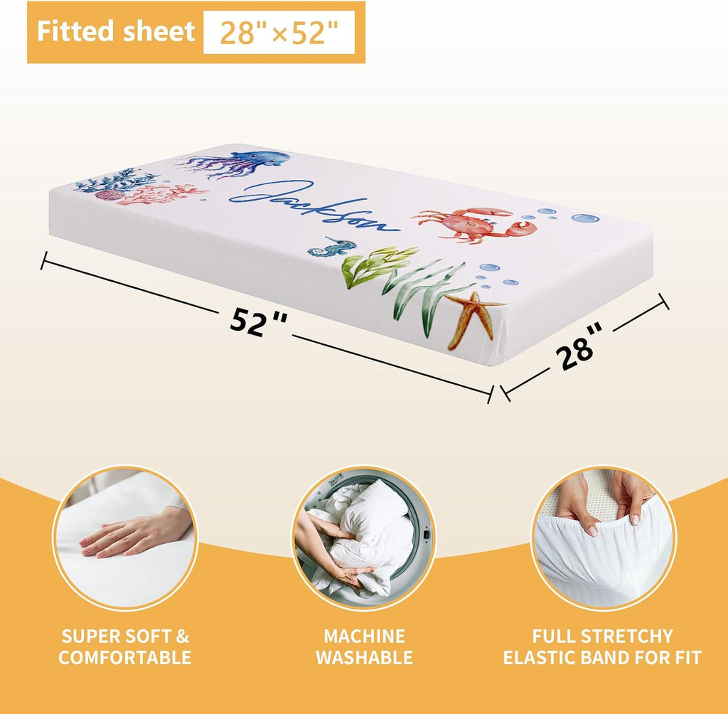Terwex Personalized Crib Bedding Set, 5 Pcs Custom Name Nursery Bedding Sets, Marine Animals Infant Bedding Set for Baby Boy Girl, Double Layer Baby Crib Set, Babies Toddlers Kids Customized Gifts