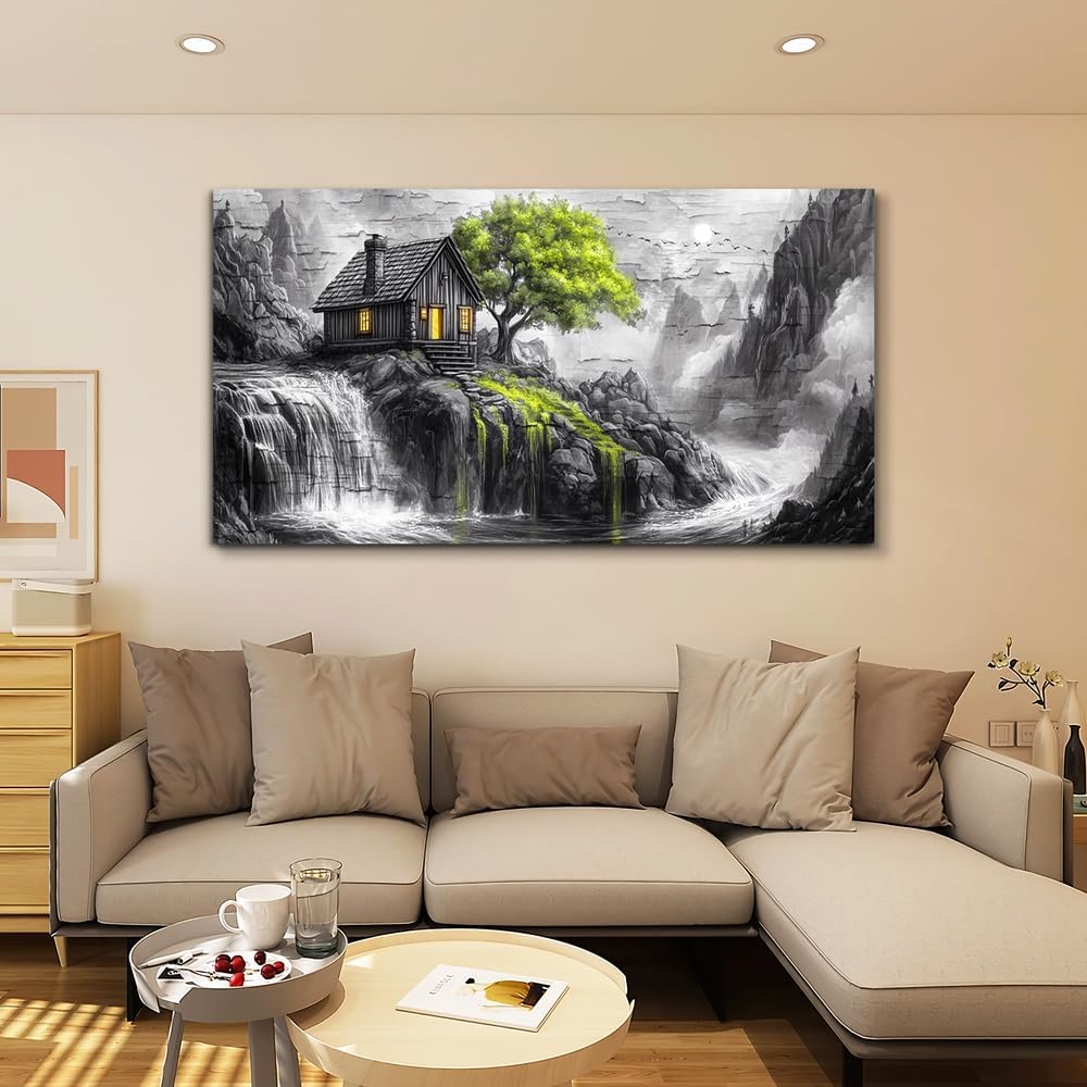 ERQINHUA Large Canvas Wall Art For Living Room Large Wall Decor For Bedroom Office Black And White Wall Painting Decor Green Tree Landscape Picture Artwork Modern Home Decor Ready To Hang 30'X60'