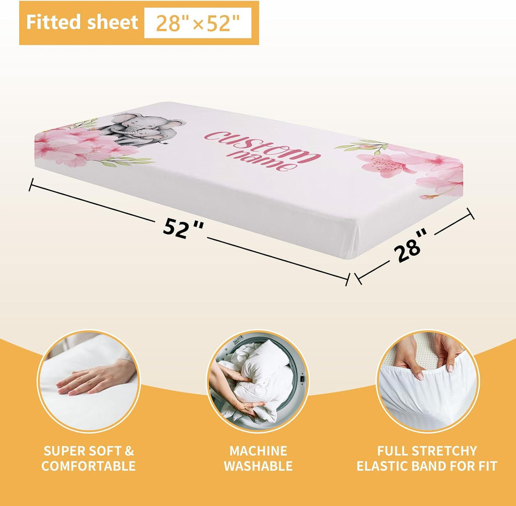 Terwex Personalized Crib Bedding Set, 5 Pcs Custom Nursery Bedding Sets with Name, Infant Bedding Set for Baby Girls, Pink Elephant Double Layer Baby Crib Set, Babies Toddlers Kids Customized Gifts
