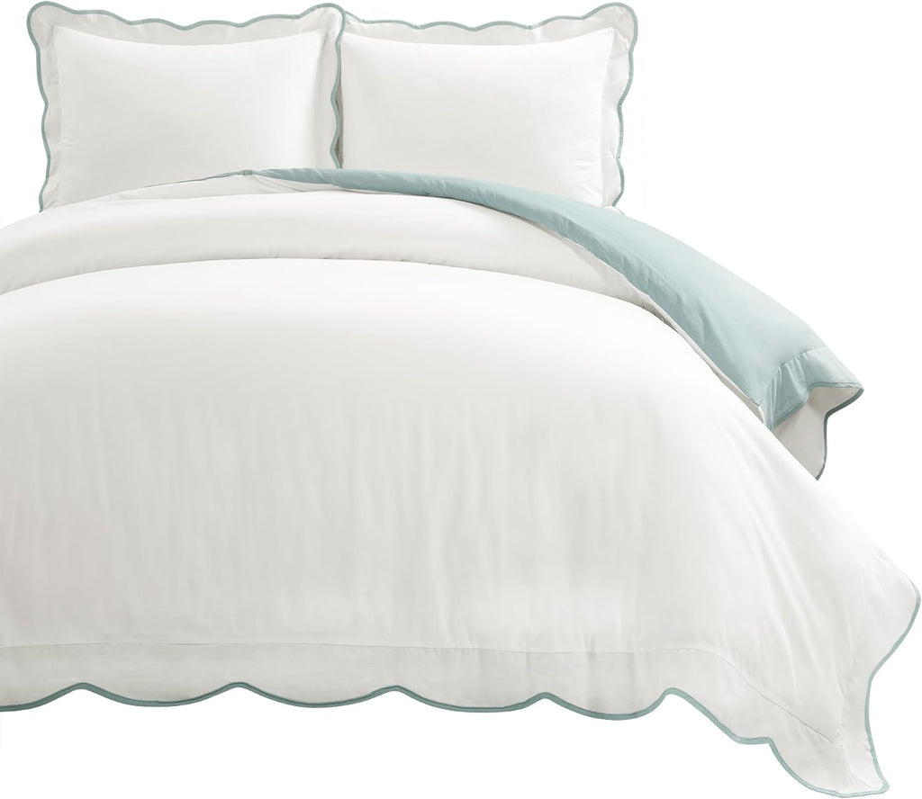 Lush Decor Coastal Chic Scalloped Edge Cotton Duvet Cover Set, 3 Piece Set, Full/Queen, Blue & White - Queen Bedding Set - White Duvet Cover Queen - Coastal Decor