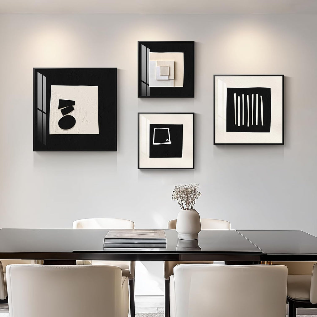 4 Piece Framed Modern Black and White Wall Art for Living Room, Large Abstract Minimalist Geometric Artworks for Walls, Bright Style Picture Prints Paintings for Dining Room Hallway Office Wall Decor