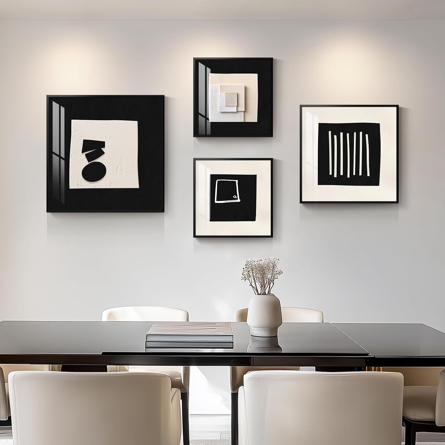 4 Piece Framed Modern Black and White Wall Art for Living Room, Large Abstract Minimalist Geometric Artworks for Walls, Bright Style Picture Prints Paintings for Dining Room Hallway Office Wall Decor