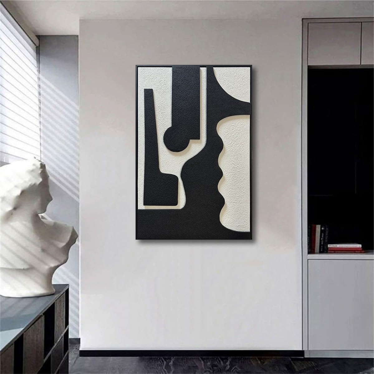 zoinart Black and White Textured Plaster Wall Art, 24x36 Black White Framed Artwork Wall for Home Decor, Minimalist Modern Monochrome Relief Art