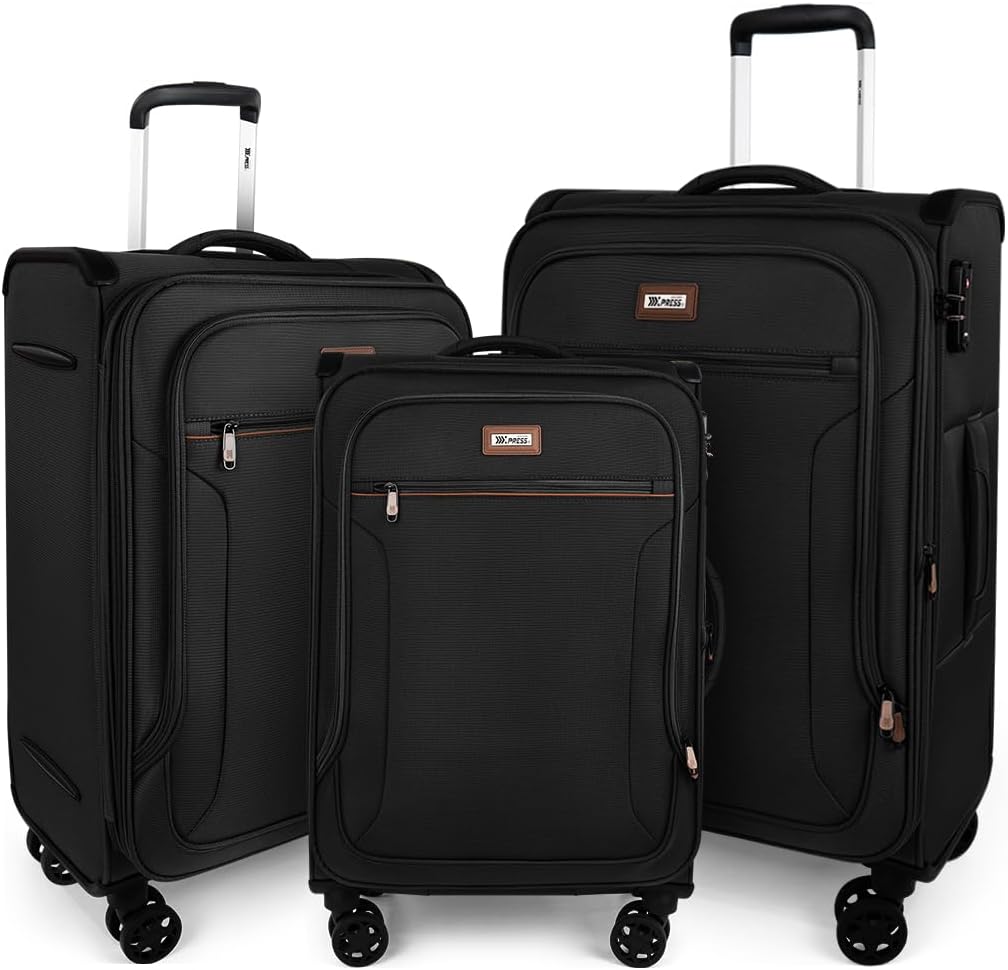 Luggage Sets 3 Piece,Suitcases with Wheels Hardshell,Softside Luggage Set,Foldie Travel Bag Expandable,Charcoal Material w/Tsa LOCK & Double Spinner Wheels(20in/26in/28in)Black,XJ-1907