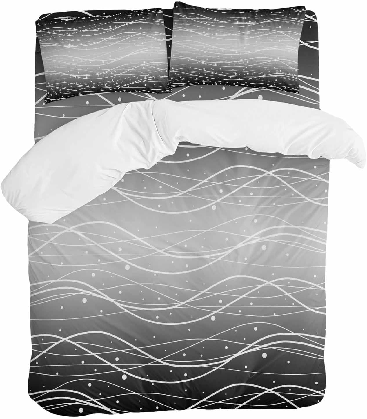 Gradient Black White Duvet Cover Set Queen Size 4 Pieces Wave Line Dots Modern Abstract Simple Bedding Set with Zipper Closure, 1 Comforter Cover 92x106 Inches 1 Flat Sheet & 2 Pillow Cases