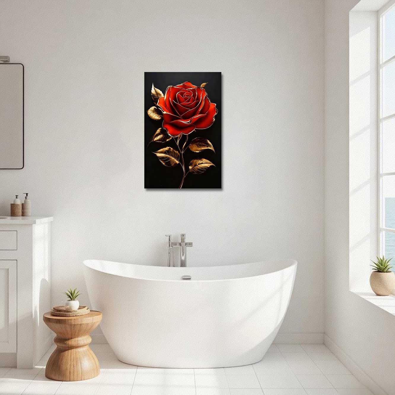 LZIMU Rose Canvas Wall Art Black and Gold Floral Picture Rose Flower Golden Leaf Painting Abstract Poster Print Elegant Modern Artwork Bathroom Bedroom Office Decor (Red, (42L x 28W))