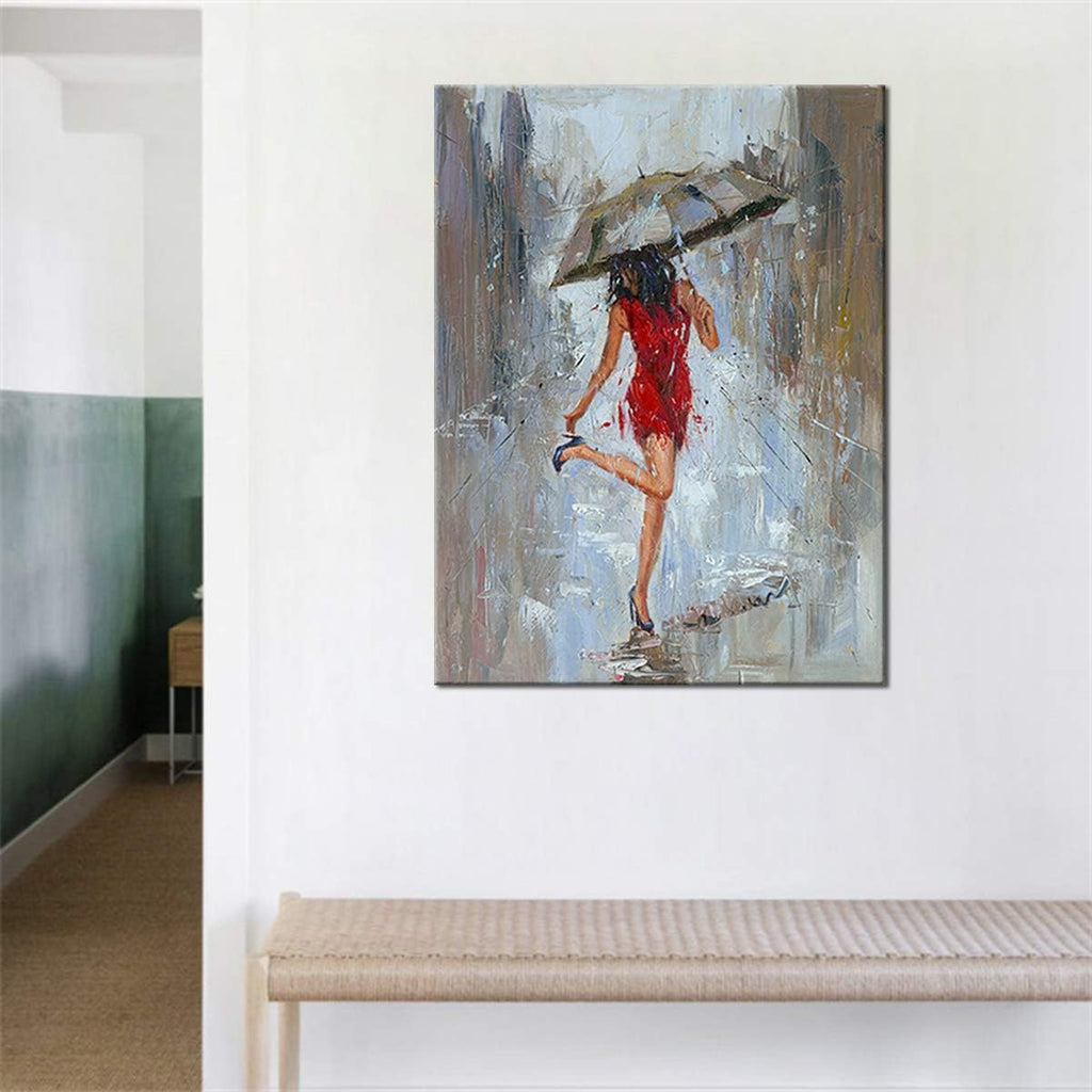 Large Abstract Canvas Wall Art Rain Modern Print Painting Girl Umbrella with Red Dress Walking in Street Huge Figure Artwork
