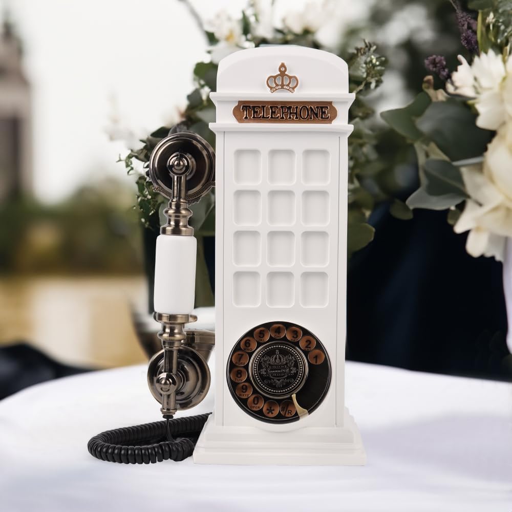 Retro Phonebooth Recording Audio Guest Book Phone for Wedding, Vintage Guestbook Telephone Booth (White)