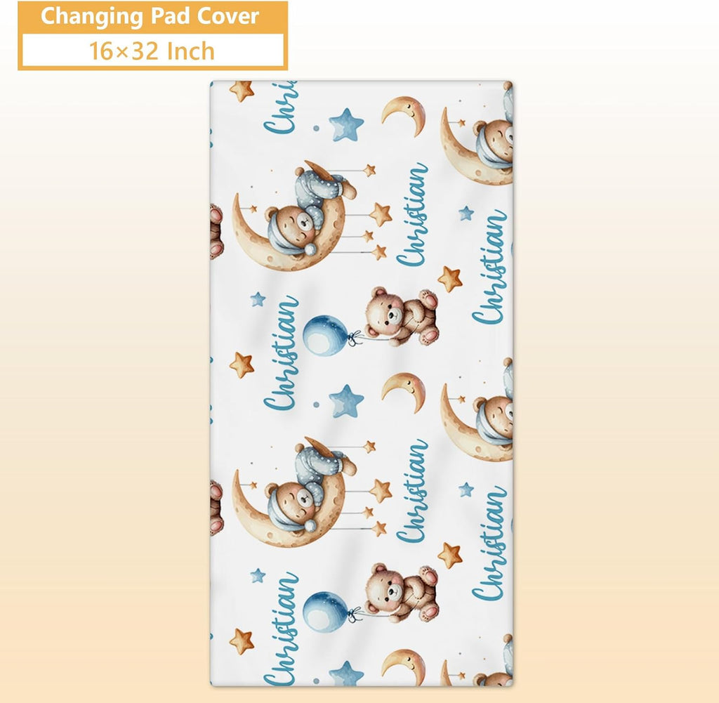 Terwex Personalized Baby Bedding Set, 5 Pcs Custom Baby Crib Sets with Name, Toddler Bedding Set for Baby Girls Boys, Blue Bear Double Layer Nursery Bedding Set, Customized Gifts for Infants Kids